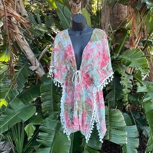 Hawaii lower tropical floral swim cover-up with Tasso border